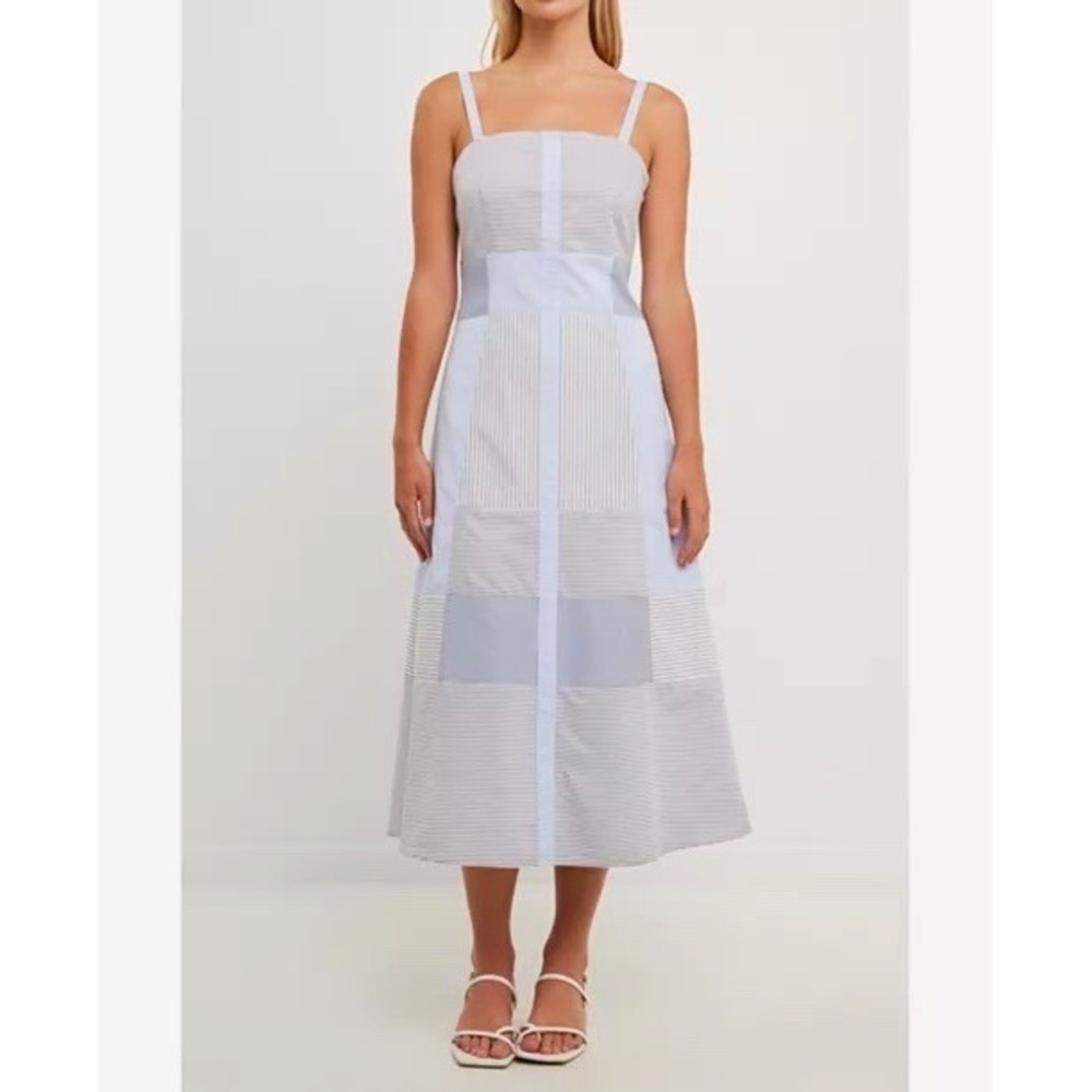 English Factory Women's Striped Patchwork Dress‎ Size Medium Blue NWT